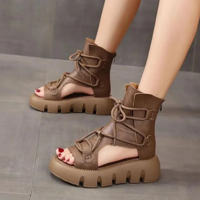 2025 New Brand High Quality Women Sandals Handmade Retro Wedges Heel Sandals Ladies Summer Back Zipper Platform Roman Cool Boots