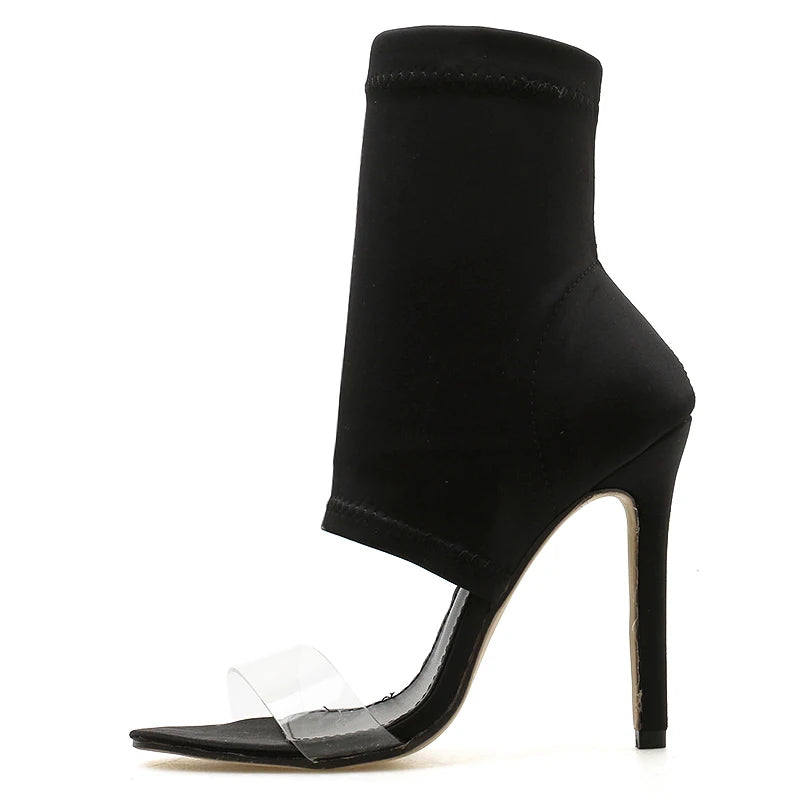 Women Contour Crystal PVC Peep Toe Heel Sandals – Stretch Denim Stiletto