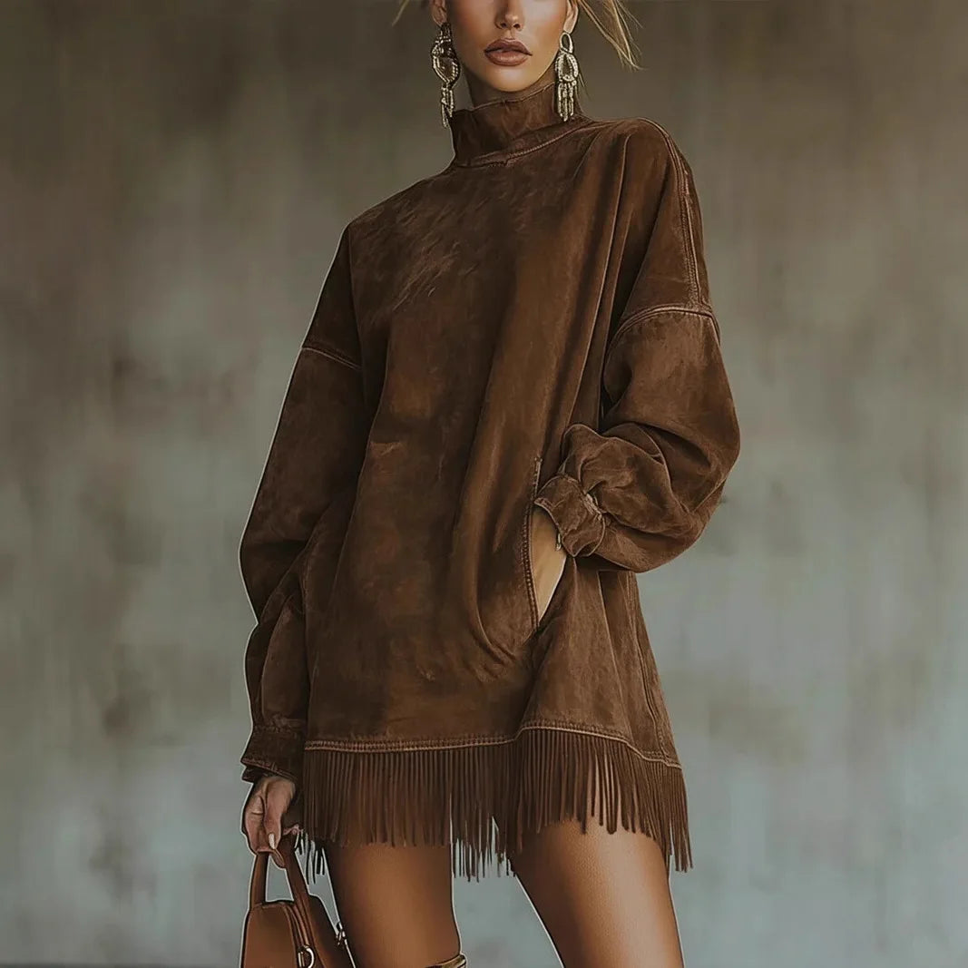 Women Contour Vintage Fringe Turtleneck Mini Dress – Oversized Long Sleeve