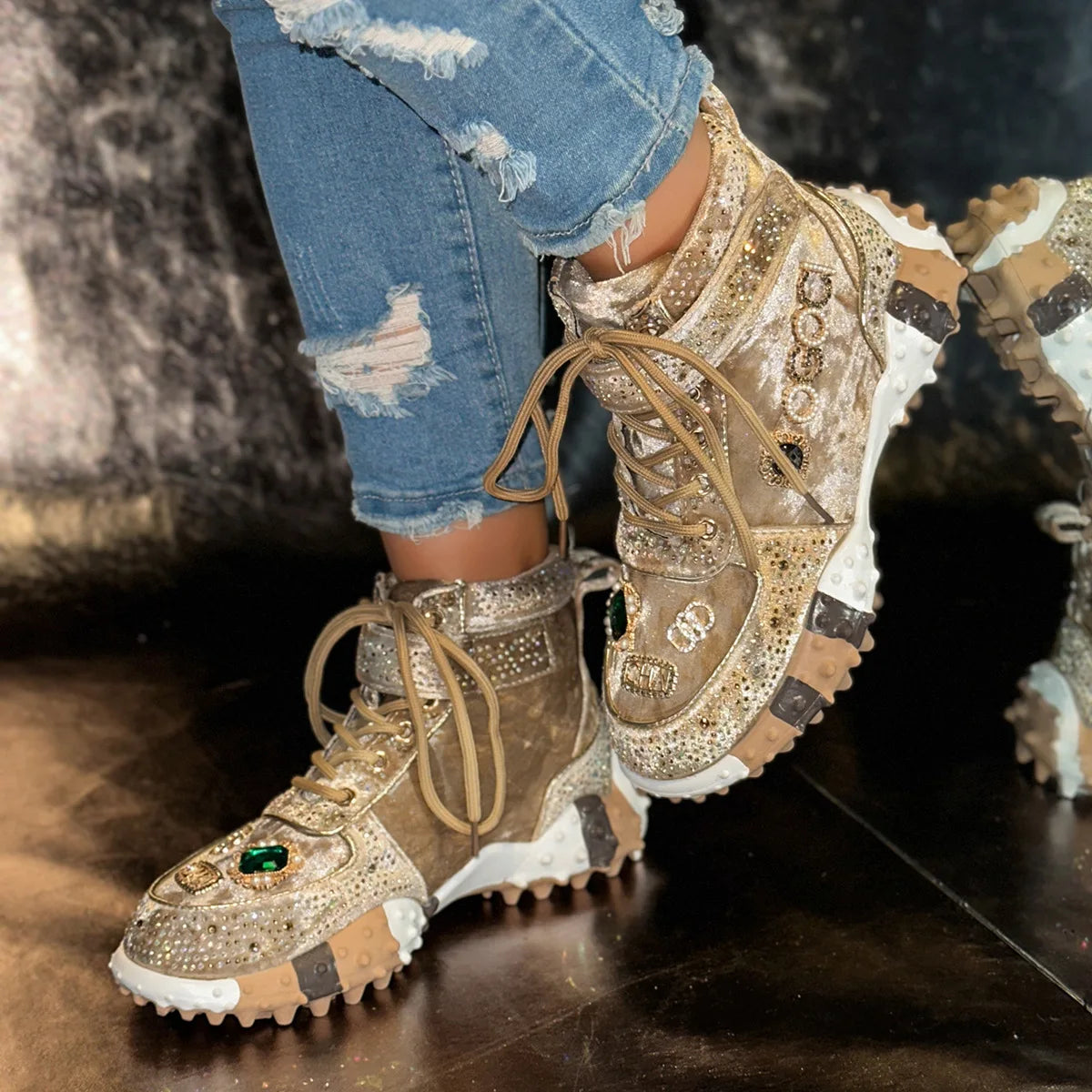 Women Contour Crystal High-Top Sneakers – Thick Sole Fashion Trainers