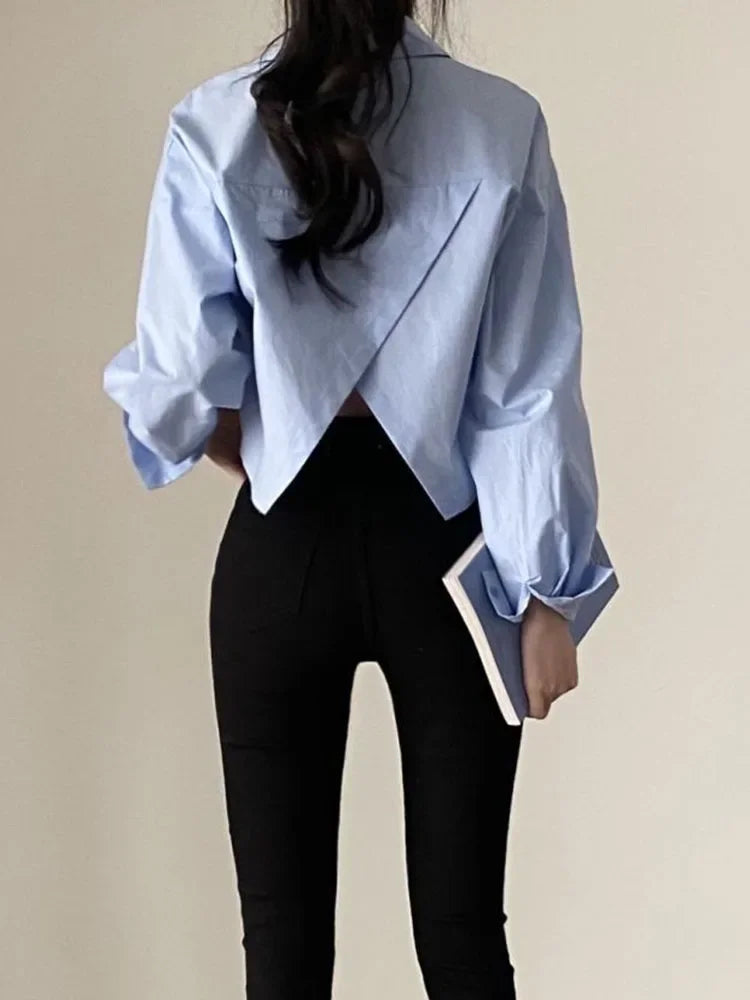 Women Contour Back Slit Cropped Blouse – Elegant Long Sleeve Shirt