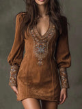 Women Contour Embroidered V-Neck Mini Dress – Elegant Long Sleeve