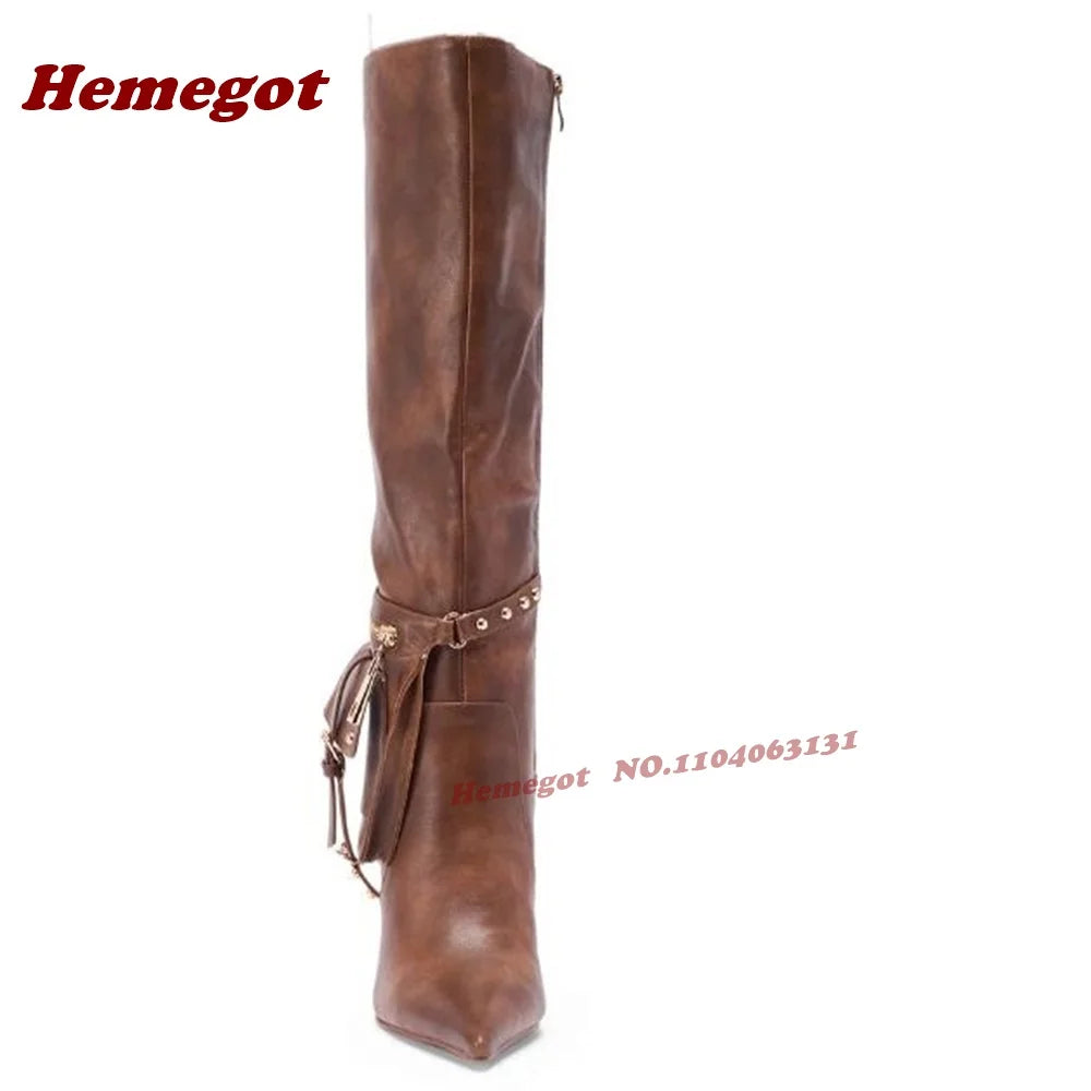 Women Contour Knee-High Stiletto Boots – Pointed Toe with Strap Pouch