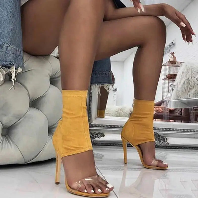 Women Contour Crystal PVC Peep Toe Heel Sandals – Stretch Denim Stiletto