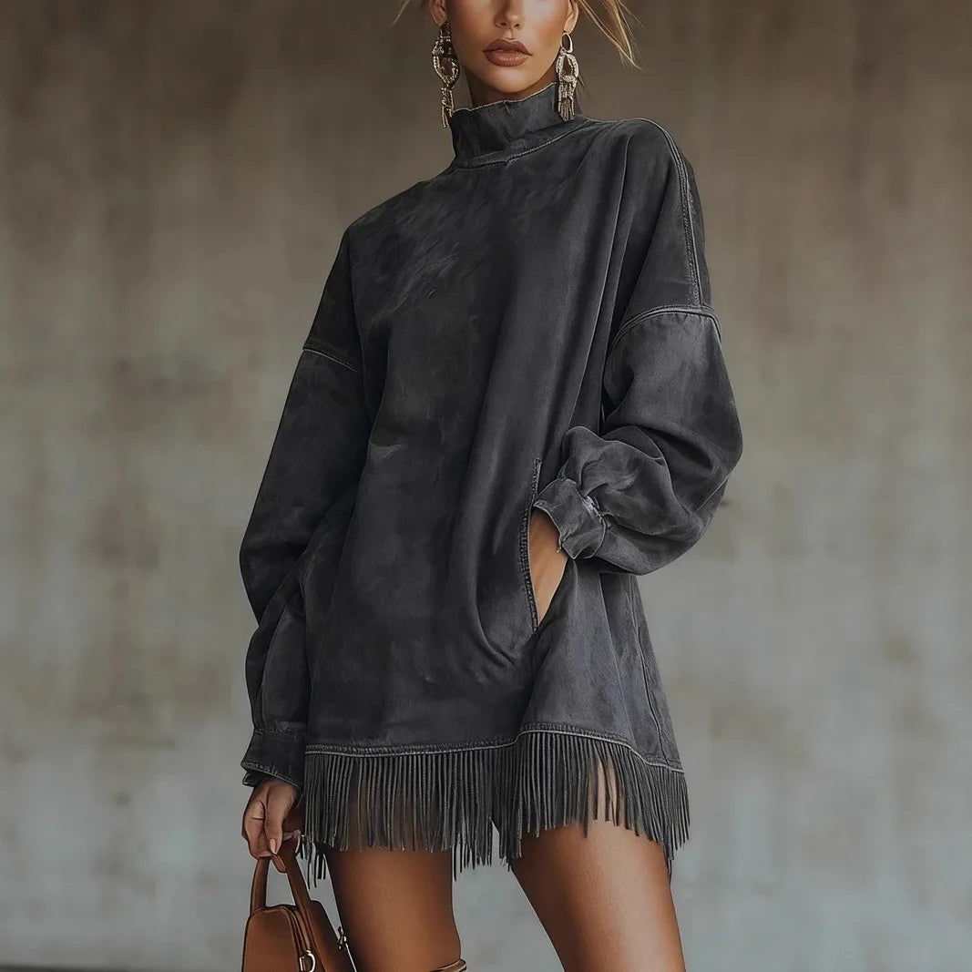Women Contour Vintage Fringe Turtleneck Mini Dress – Oversized Long Sleeve
