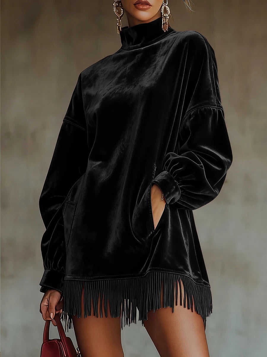 Women Contour Velvet High Neck Mini Dress – Elegant Long Sleeve Party Dress