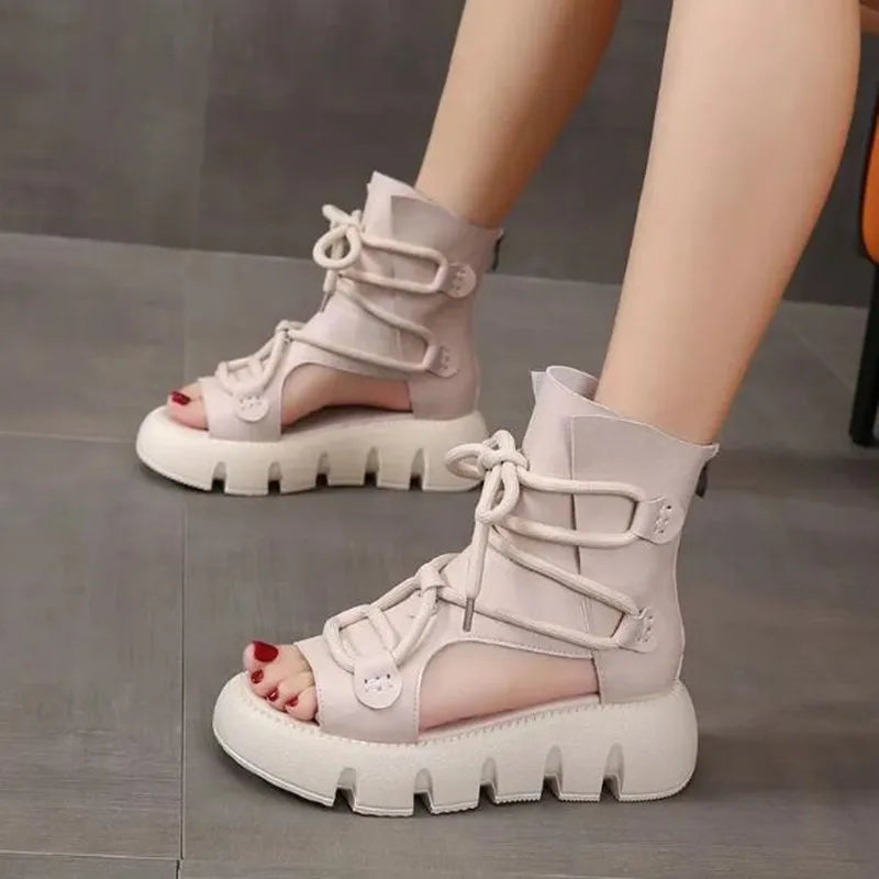 2025 New Brand High Quality Women Sandals Handmade Retro Wedges Heel Sandals Ladies Summer Back Zipper Platform Roman Cool Boots