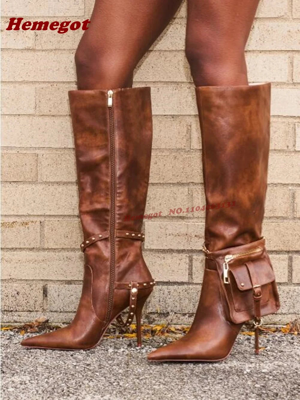 Women Contour Knee-High Stiletto Boots – Pointed Toe with Strap Pouch