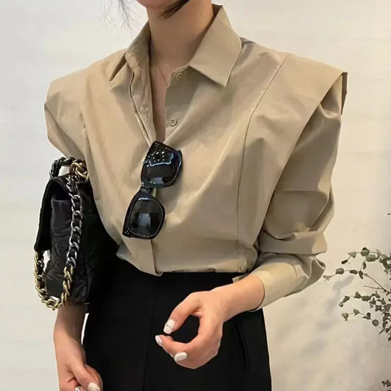 Women Vintage Shoulder Pad Blouse – Elegant Long Sleeve Shirt