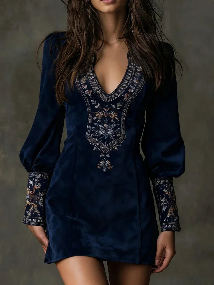 Women Contour Embroidered V-Neck Mini Dress – Elegant Long Sleeve