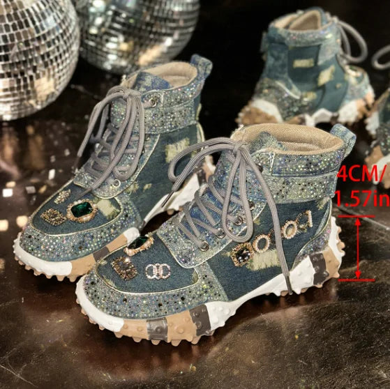 Women Contour Crystal High-Top Sneakers – Thick Sole Fashion Trainers