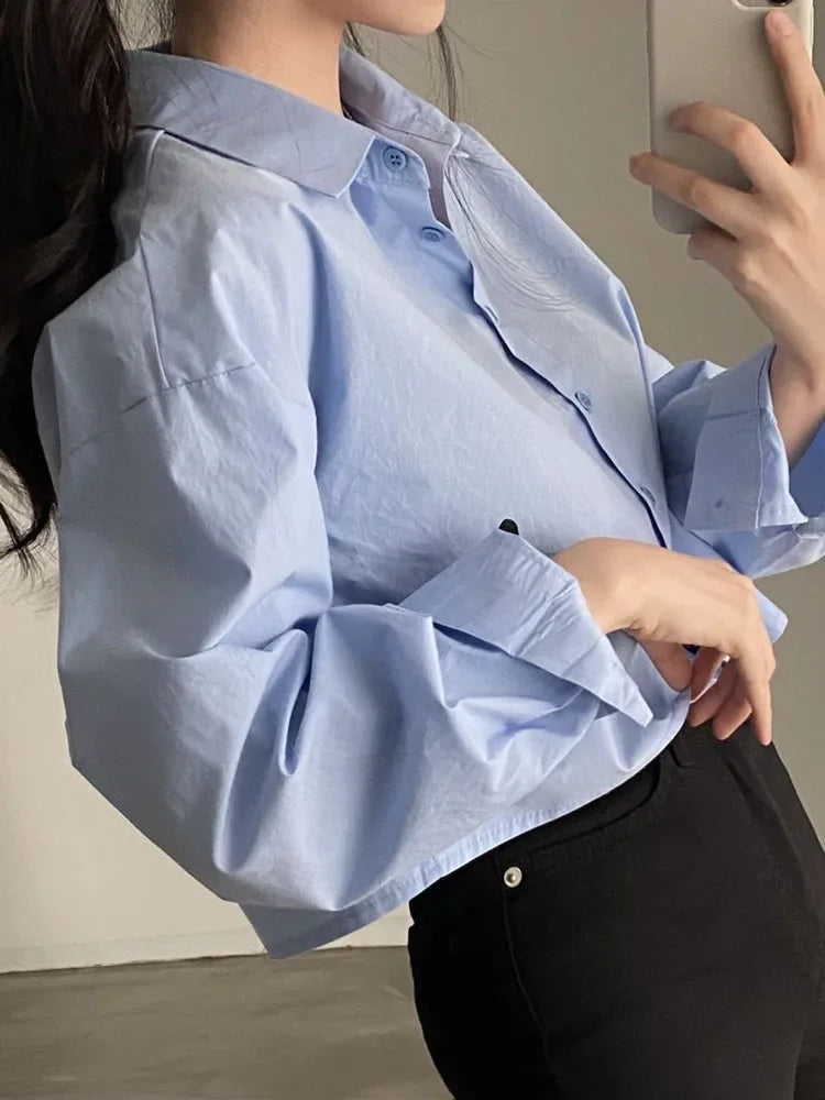 Women Contour Back Slit Cropped Blouse – Elegant Long Sleeve Shirt