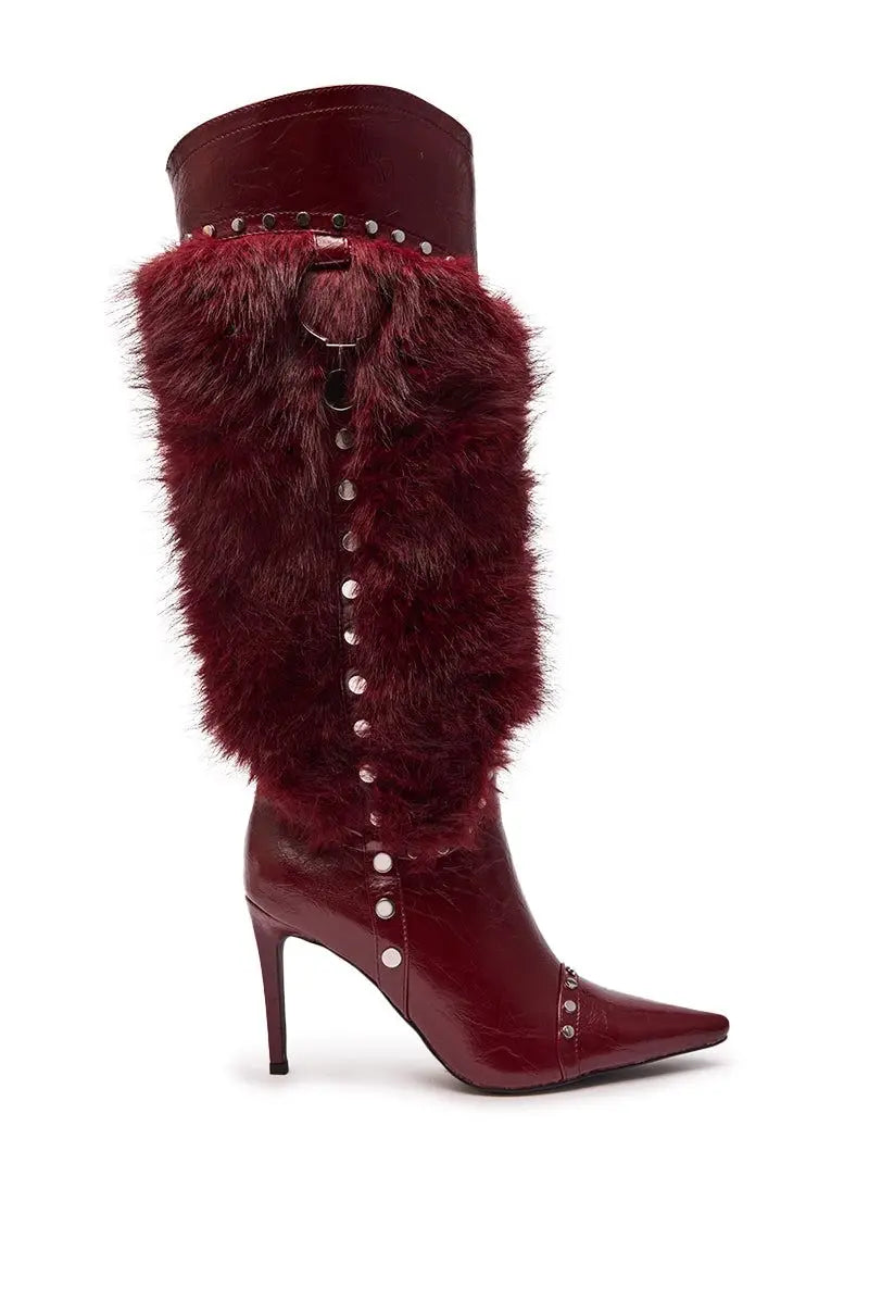 Women Contour Fur Trim Knee-High Boots – Pointed Toe Stiletto Heels