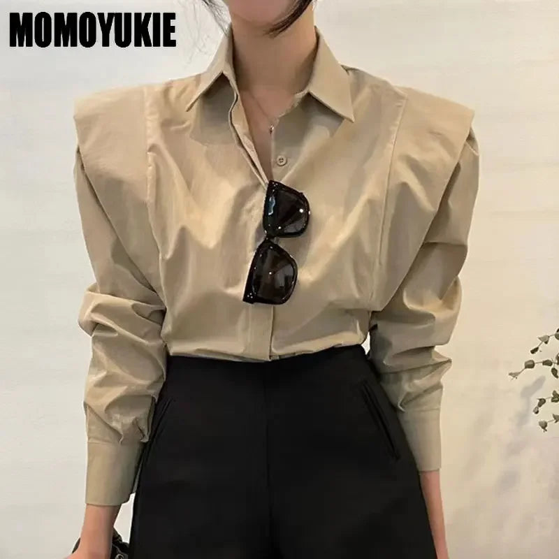 Women Vintage Shoulder Pad Blouse – Elegant Long Sleeve Shirt