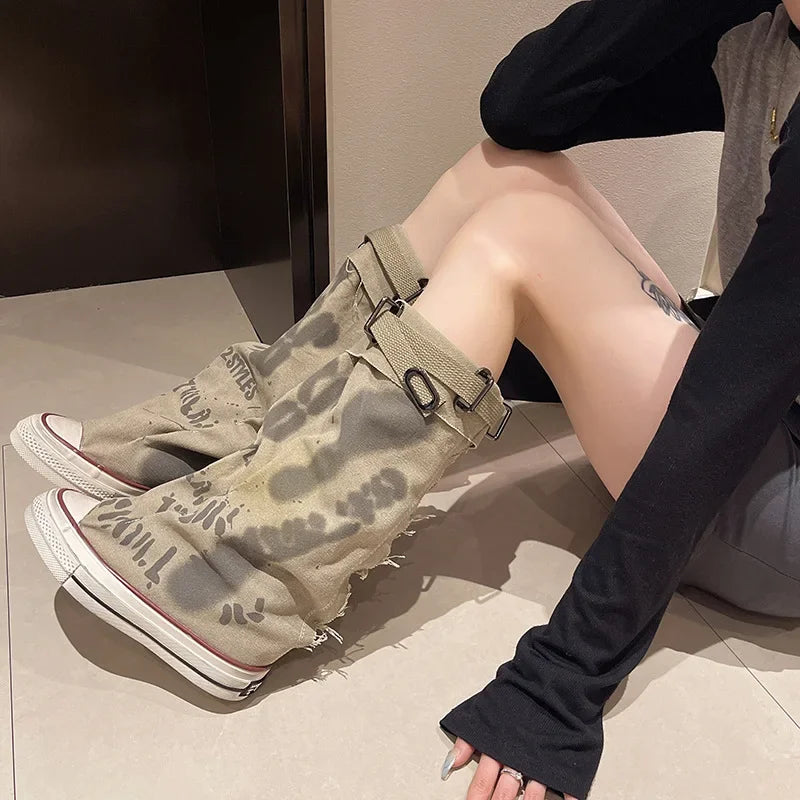 Women Contour Graffiti Canvas Mid-Calf Boots – Street Style Anti-Slip Sneakers