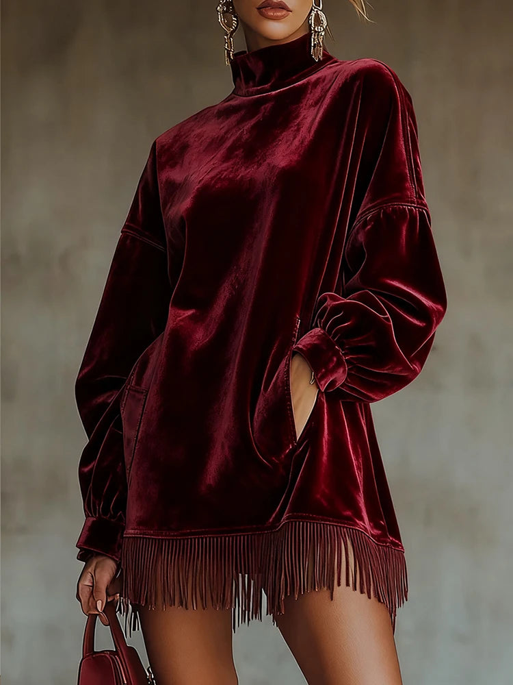 Women Contour Velvet High Neck Mini Dress – Elegant Long Sleeve Party Dress