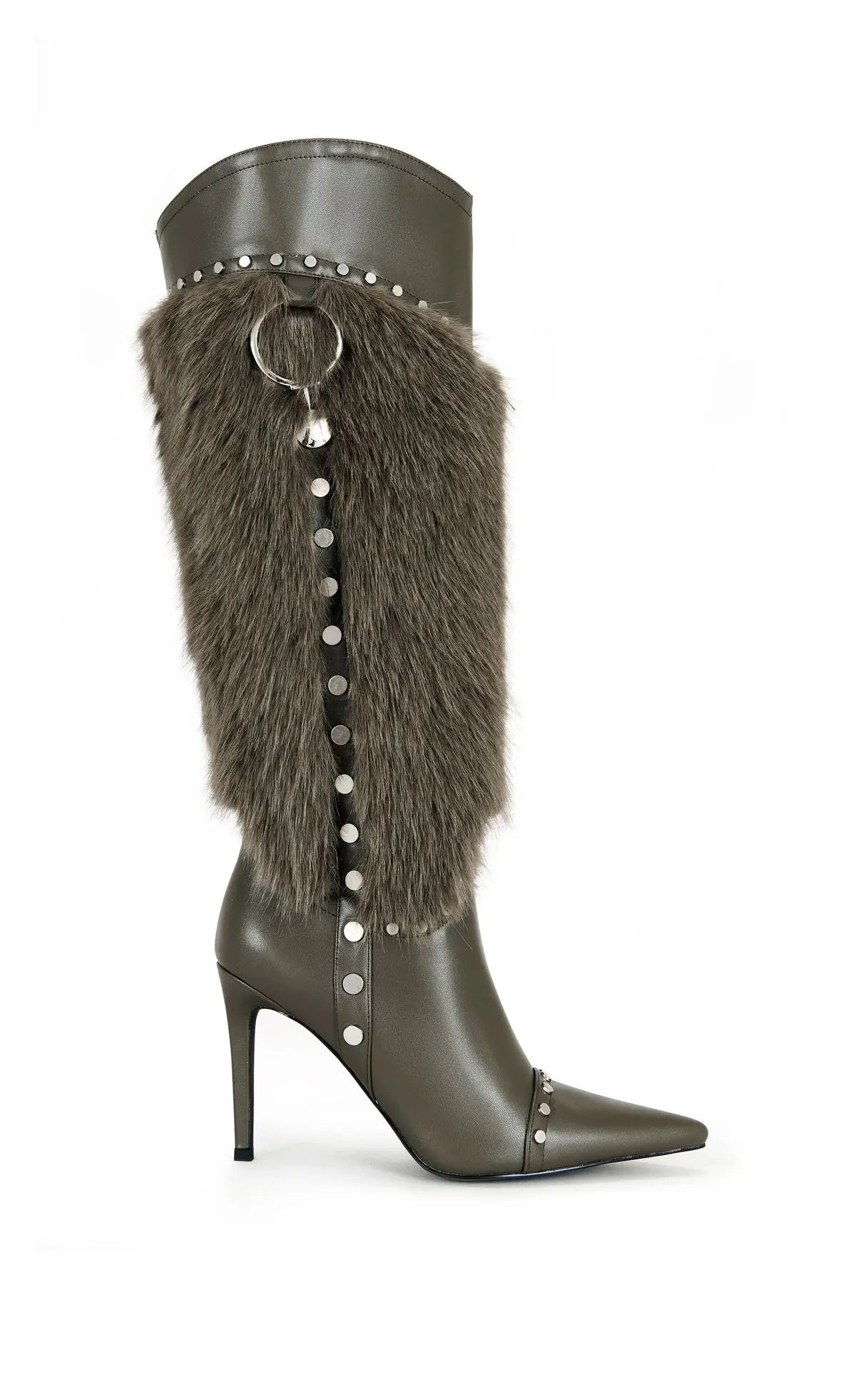 Women Contour Fur Trim Knee-High Boots – Pointed Toe Stiletto Heels