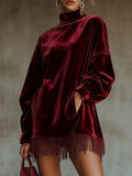 Women Contour Velvet High Neck Mini Dress – Elegant Long Sleeve Party Dress