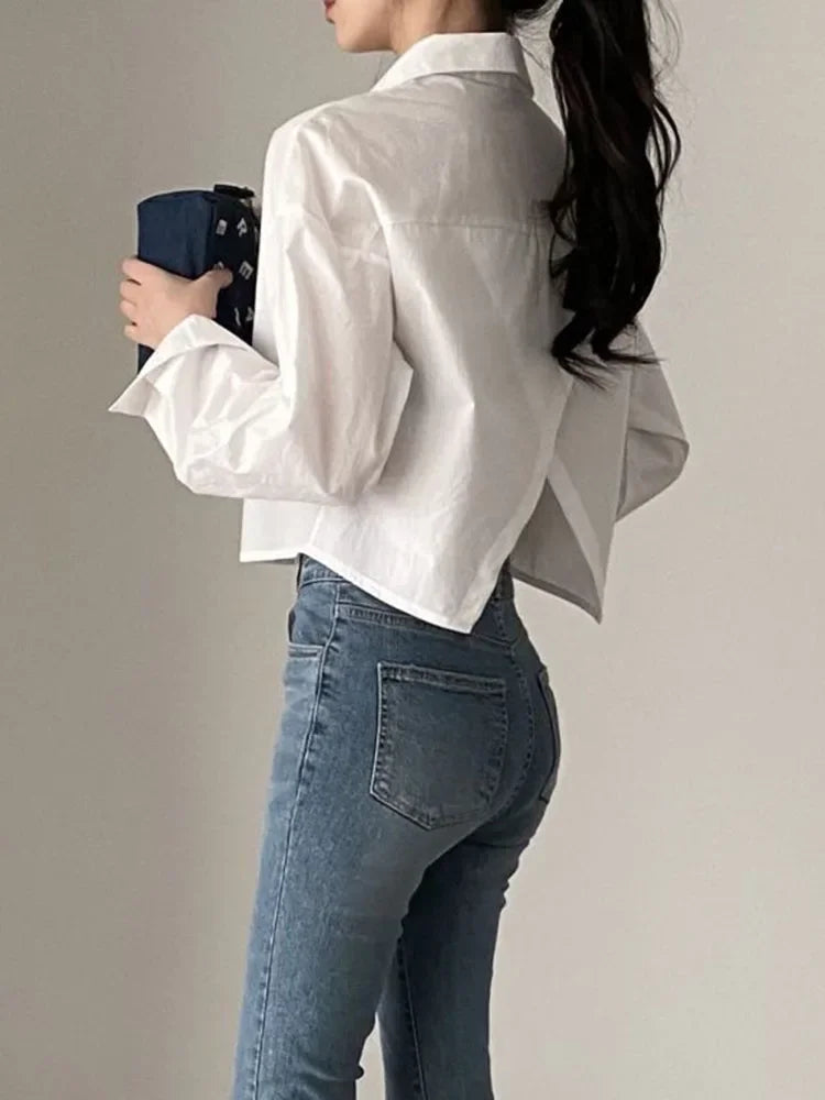 Women Contour Back Slit Cropped Blouse – Elegant Long Sleeve Shirt