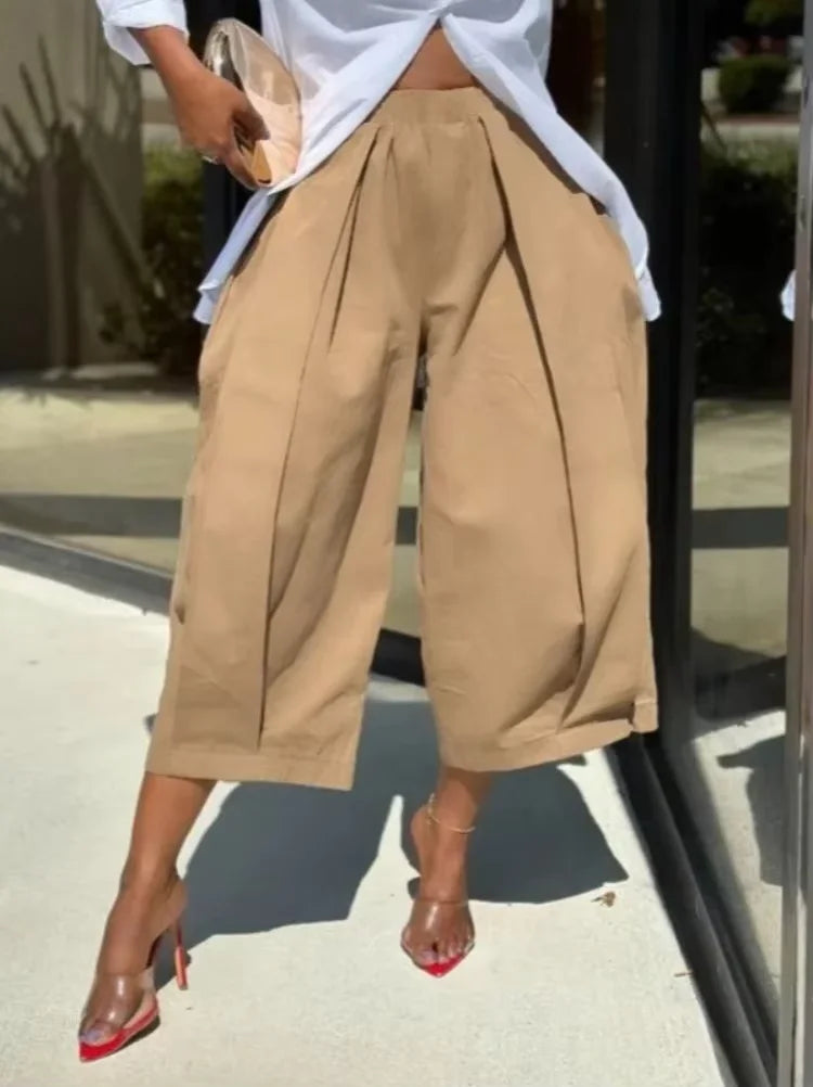 Women Contour Wide-Leg Cropped Pants – Elastic Waist Summer Trousers