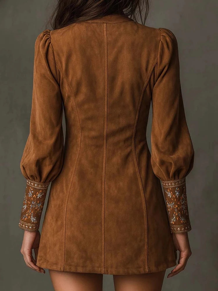 Women Contour Embroidered V-Neck Mini Dress – Elegant Long Sleeve