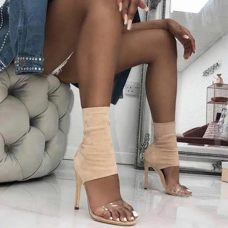 Women Contour Crystal PVC Peep Toe Heel Sandals – Stretch Denim Stiletto