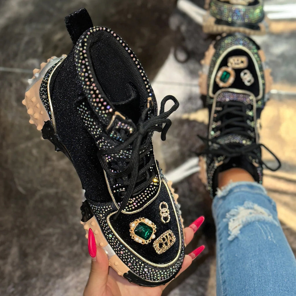 Women Contour Crystal High-Top Sneakers – Thick Sole Fashion Trainers