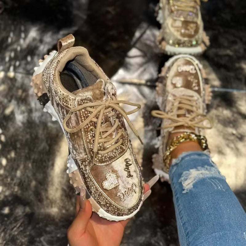 Women Contour Crystal Suede Sneakers – Luxury Casual Sport Shoes
