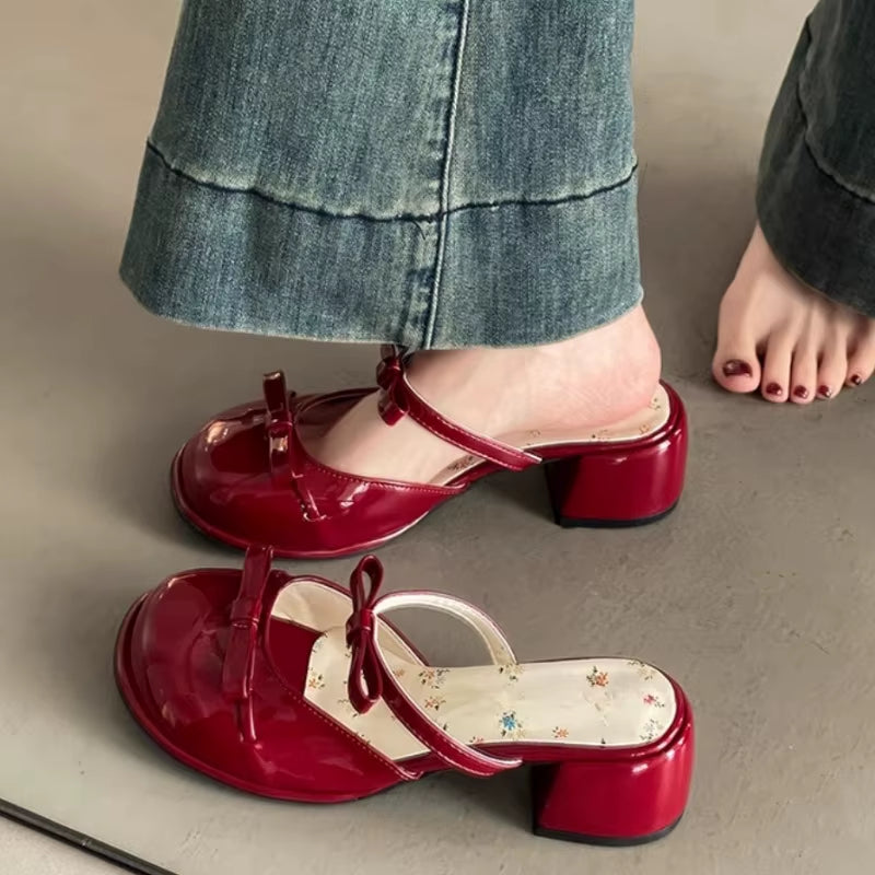 Women Contour Bow Strap Block Heel Sandals – Vintage Style Shoes