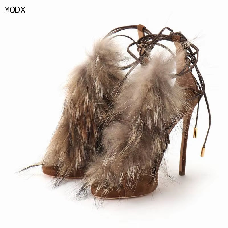 2025 Women Sexy Fur Peep Toe Cross Tied Sandal Boots Sexy Thin Heel Lace up Fashion Women Modern Mid Calf Sandals Boots 44